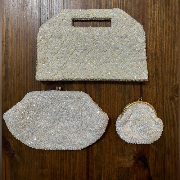 Walborg Handbags - Walborg White Beaded Clutch and Wristlet Set